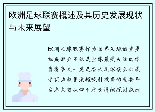 欧洲足球联赛概述及其历史发展现状与未来展望