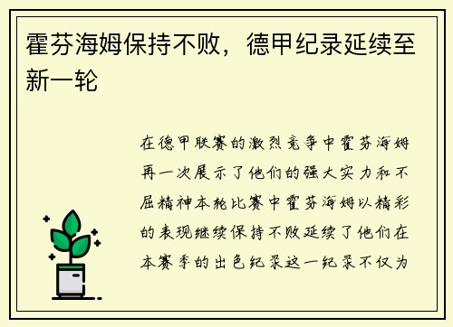 霍芬海姆保持不败，德甲纪录延续至新一轮