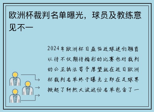 欧洲杯裁判名单曝光，球员及教练意见不一