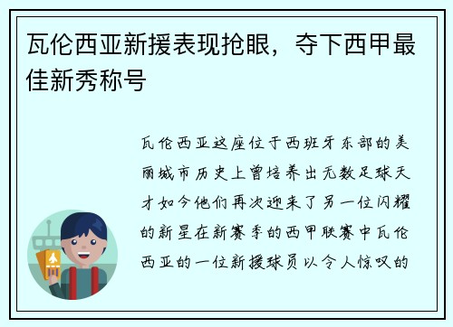 瓦伦西亚新援表现抢眼，夺下西甲最佳新秀称号